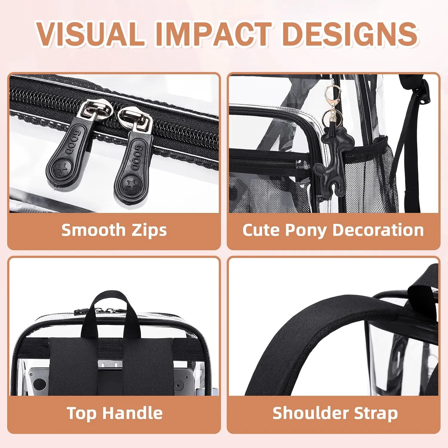 Clear Backpack Heavy Duty Transparent Backpack for School Clear Bags with Wider Shoulder Straps See Through Plastic Bags Sport Events Concert Stadium-Black Transparent 2PCS