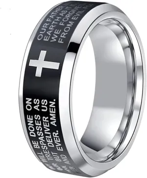 CLOUD DANCER 8mm Tungsten Wedding Bands Ring for Men & Women - Engraved Our Father Prayer & Cross - Christian Wedding Rings for Him Her - Bible Verse Religious Rings