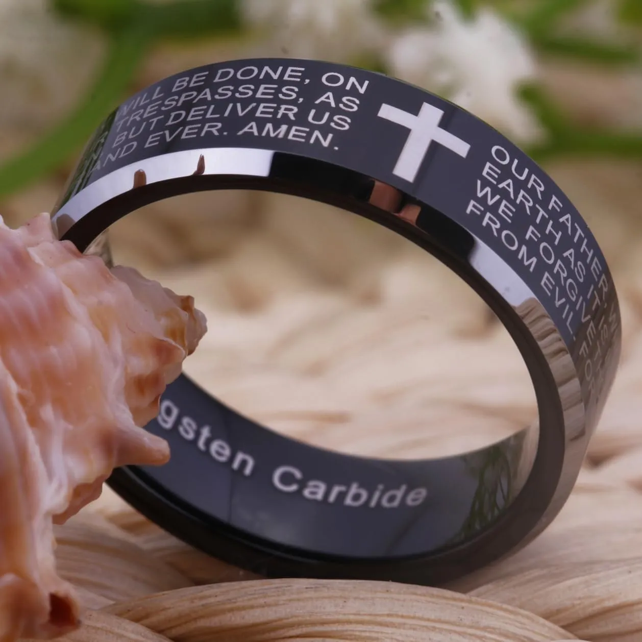 CLOUD DANCER 8mm Tungsten Wedding Bands Ring for Men & Women - Engraved Our Father Prayer & Cross - Christian Wedding Rings for Him Her - Bible Verse Religious Rings
