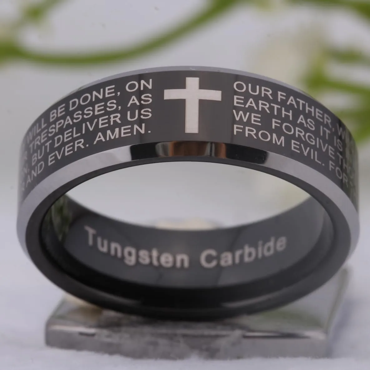 CLOUD DANCER 8mm Tungsten Wedding Bands Ring for Men & Women - Engraved Our Father Prayer & Cross - Christian Wedding Rings for Him Her - Bible Verse Religious Rings