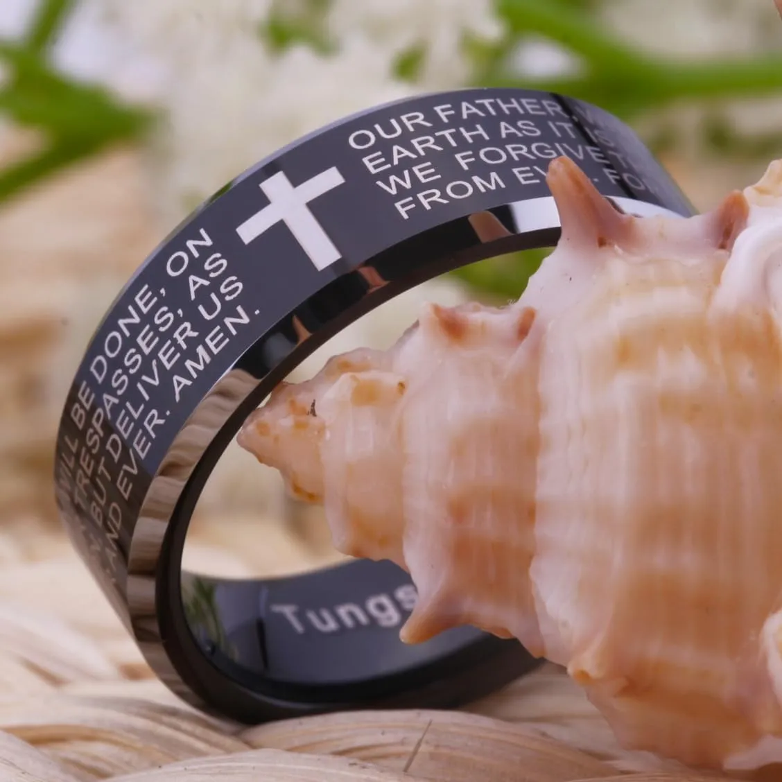 CLOUD DANCER 8mm Tungsten Wedding Bands Ring for Men & Women - Engraved Our Father Prayer & Cross - Christian Wedding Rings for Him Her - Bible Verse Religious Rings