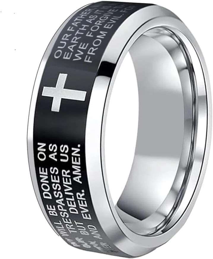 CLOUD DANCER 8mm Tungsten Wedding Bands Ring for Men & Women - Engraved Our Father Prayer & Cross - Christian Wedding Rings for Him Her - Bible Verse Religious Rings