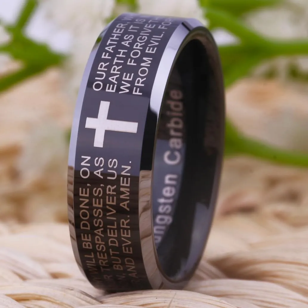 CLOUD DANCER 8mm Tungsten Wedding Bands Ring for Men & Women - Engraved Our Father Prayer & Cross - Christian Wedding Rings for Him Her - Bible Verse Religious Rings