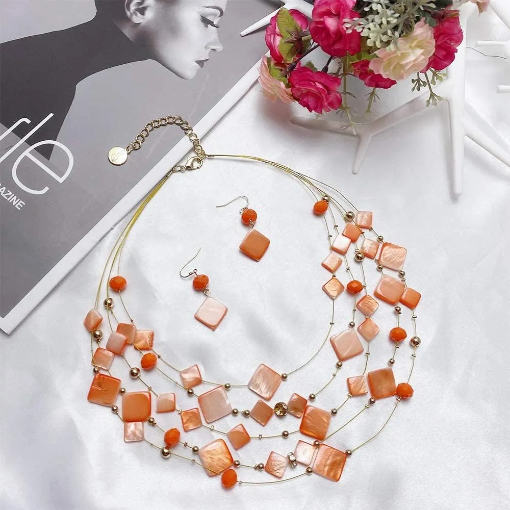 Coiris 5 Layer Illusion Wire Gradient Color Shell Beaded Statement Necklace for Women