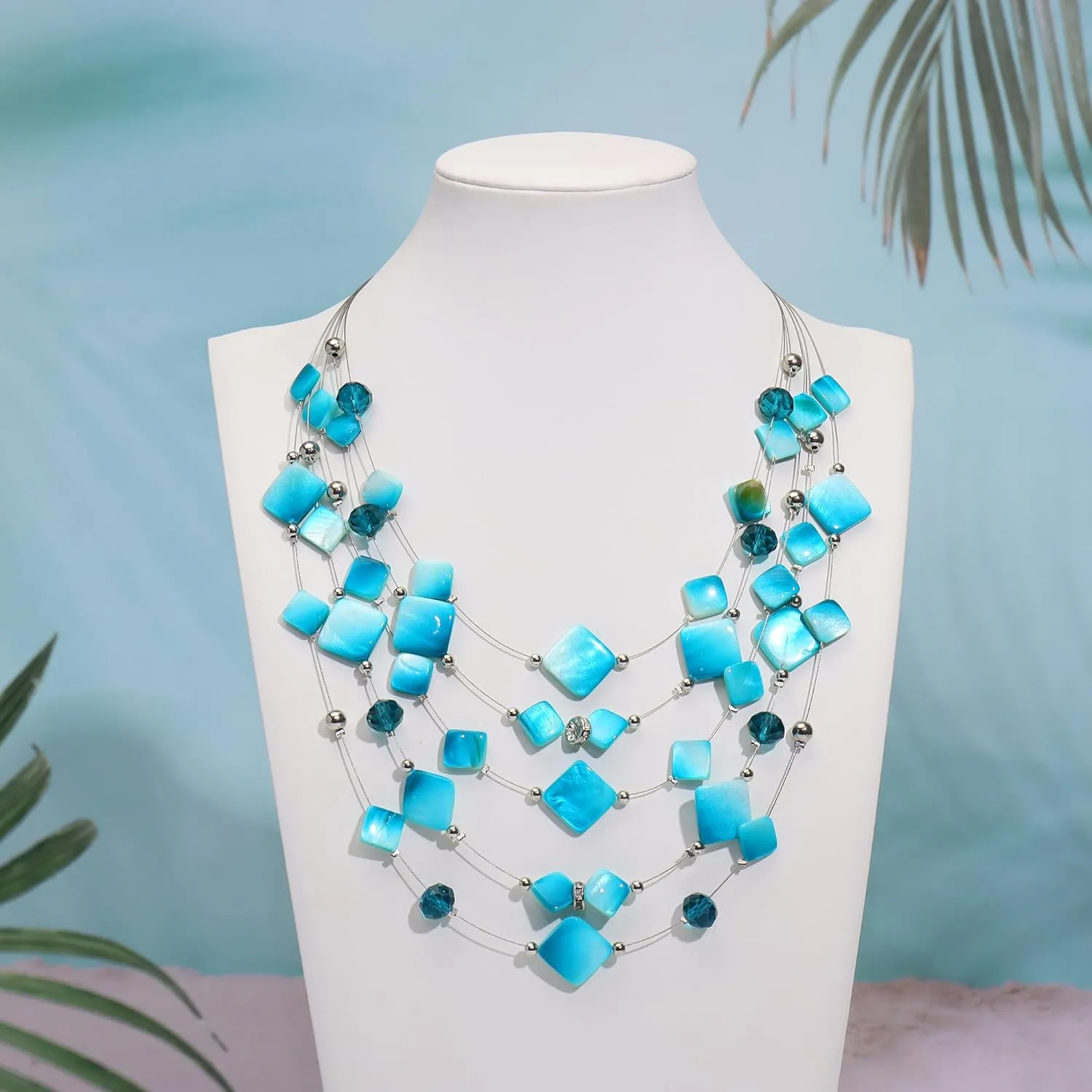 Coiris 5 Layer Illusion Wire Gradient Color Shell Beaded Statement Necklace for Women