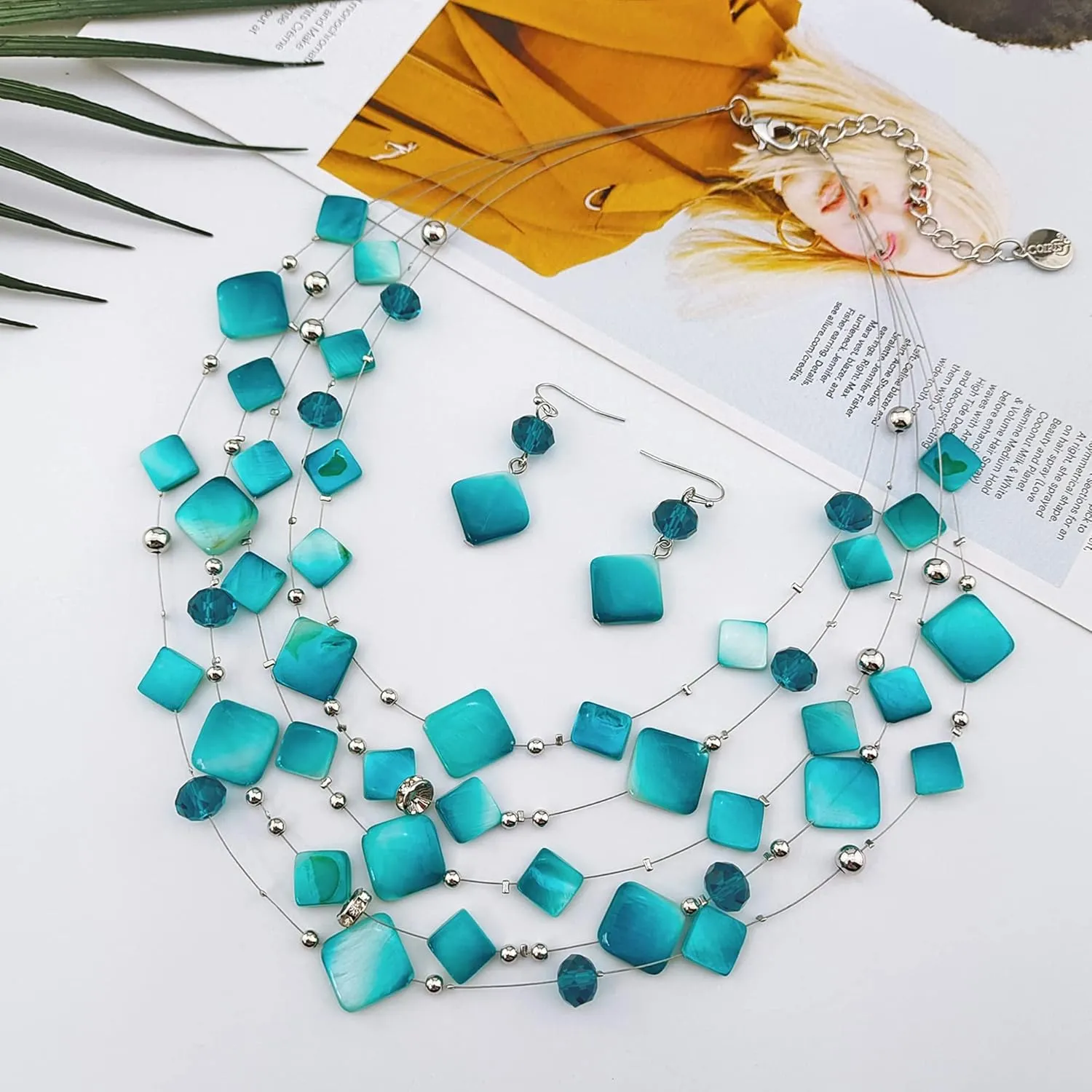 Coiris 5 Layer Illusion Wire Gradient Color Shell Beaded Statement Necklace for Women