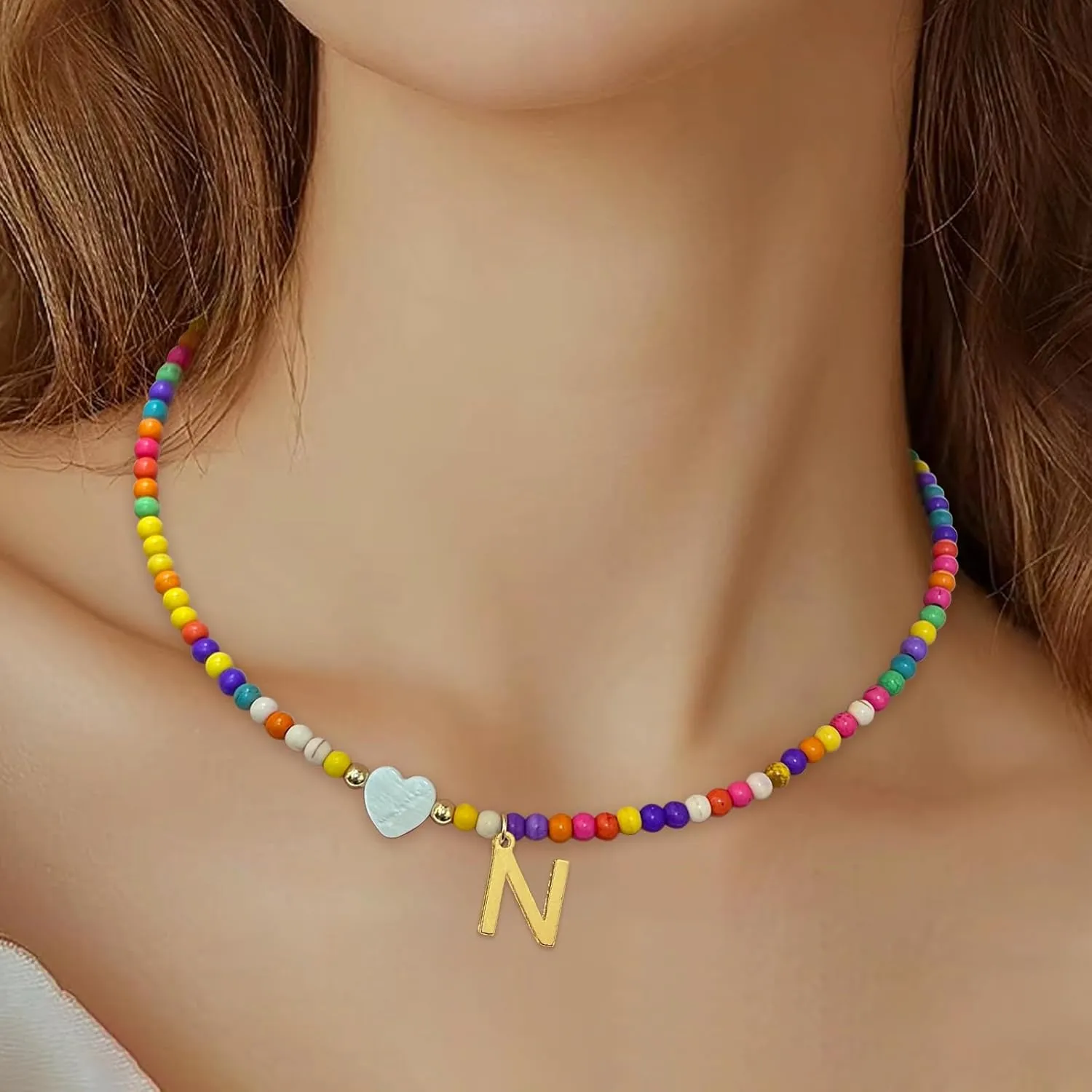 Colorful Beaded Initial Necklaces for Women Girls Gifts, Gold Plated Letter Choker Necklace for Mother's Day Gift from Daughter Son