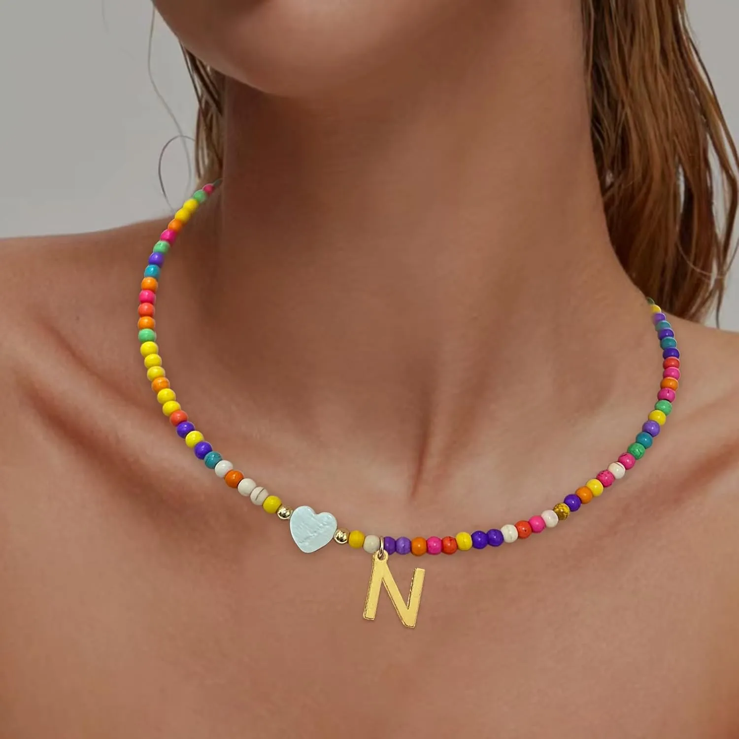 Colorful Beaded Initial Necklaces for Women Girls Gifts, Gold Plated Letter Choker Necklace for Mother's Day Gift from Daughter Son