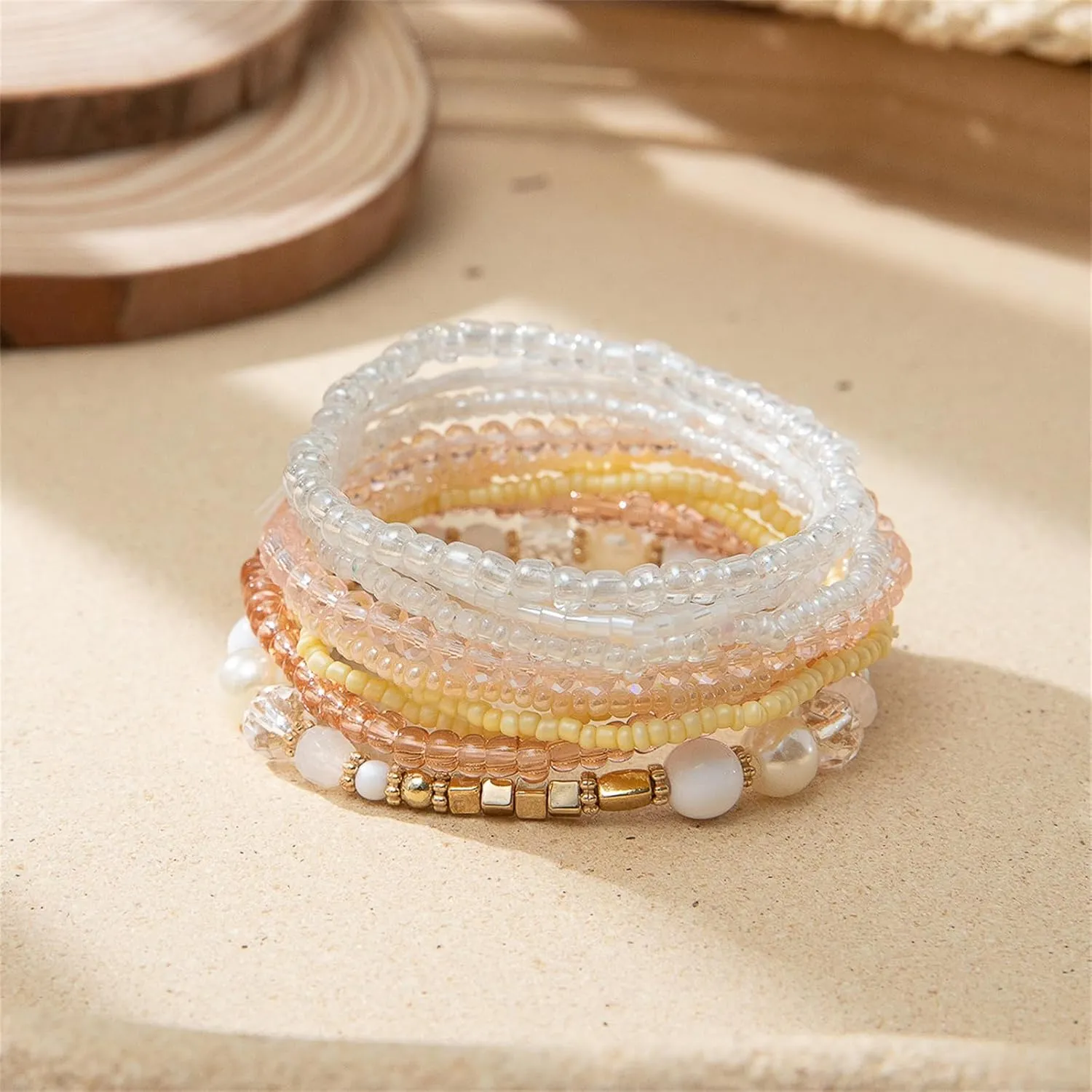 COLORFUL BLING Bohemian Crystal Beaded Stretch Bracelet Set for Women Boho Multilayer Imitation Pearl Seed Stackable Bracelet Holiday Jewelry Birthday Gift