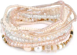 COLORFUL BLING Bohemian Crystal Beaded Stretch Bracelet Set for Women Boho Multilayer Imitation Pearl Seed Stackable Bracelet Holiday Jewelry Birthday Gift
