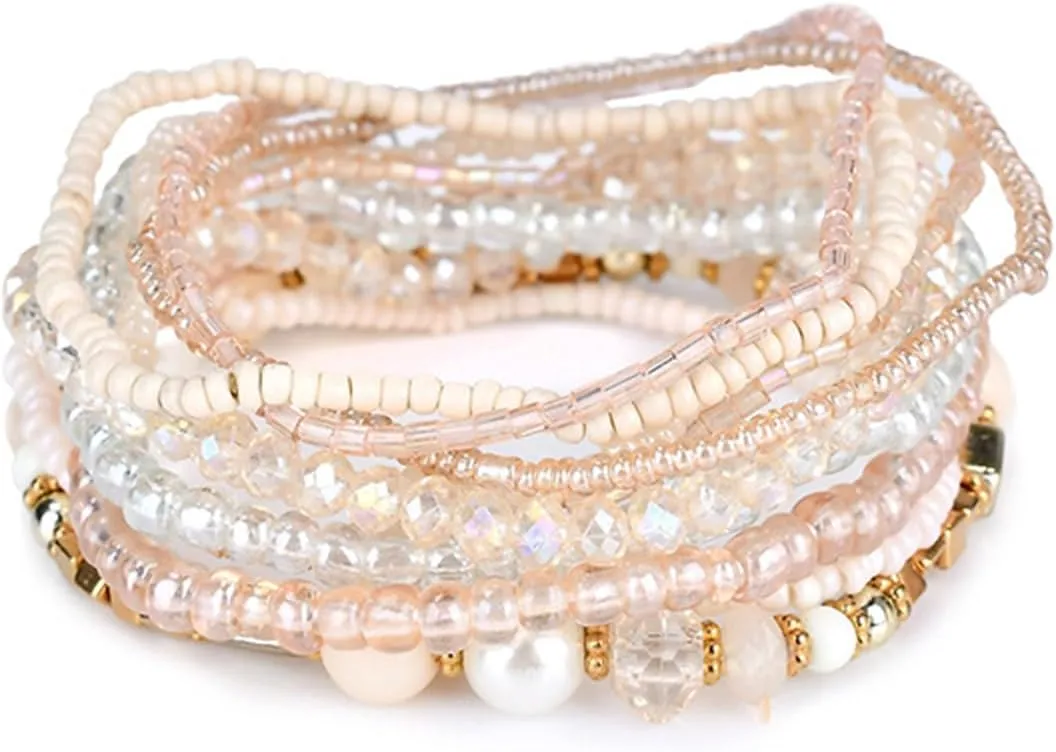 COLORFUL BLING Bohemian Crystal Beaded Stretch Bracelet Set for Women Boho Multilayer Imitation Pearl Seed Stackable Bracelet Holiday Jewelry Birthday Gift