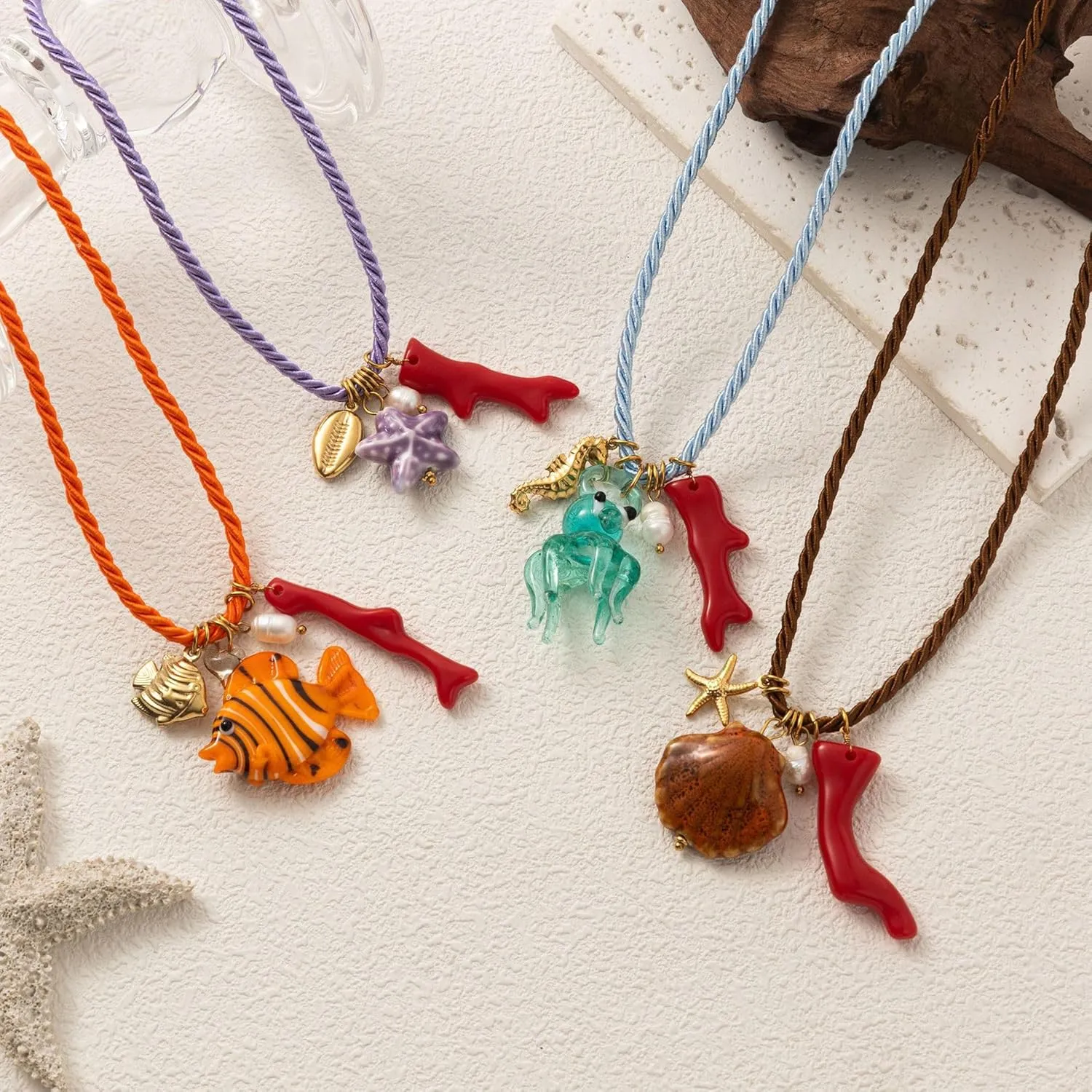 Colorful Rope Shell Necklace With Turtle Starfish Charm | Waterproof Gold Plated Stainless Steel Necklace With Chic Enamel Fish Pendant | Boho Cute Summer Jewelry Perfect For Beach Accessories