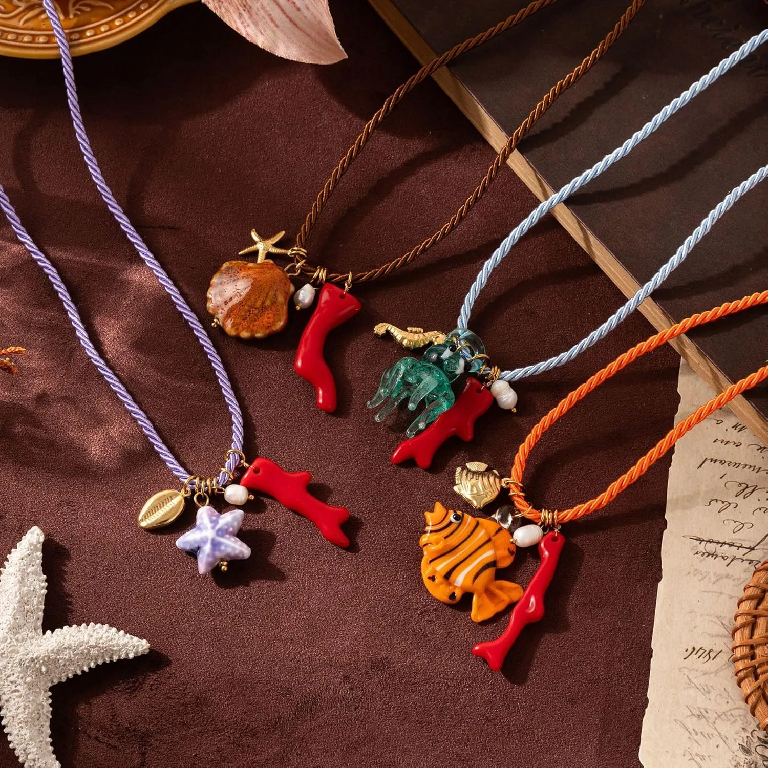 Colorful Rope Shell Necklace With Turtle Starfish Charm | Waterproof Gold Plated Stainless Steel Necklace With Chic Enamel Fish Pendant | Boho Cute Summer Jewelry Perfect For Beach Accessories