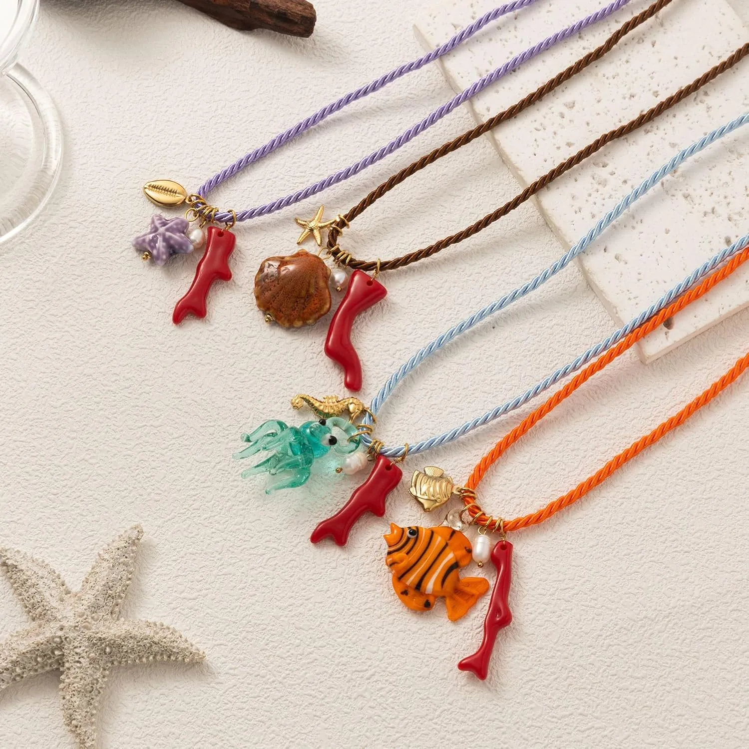 Colorful Rope Shell Necklace With Turtle Starfish Charm | Waterproof Gold Plated Stainless Steel Necklace With Chic Enamel Fish Pendant | Boho Cute Summer Jewelry Perfect For Beach Accessories