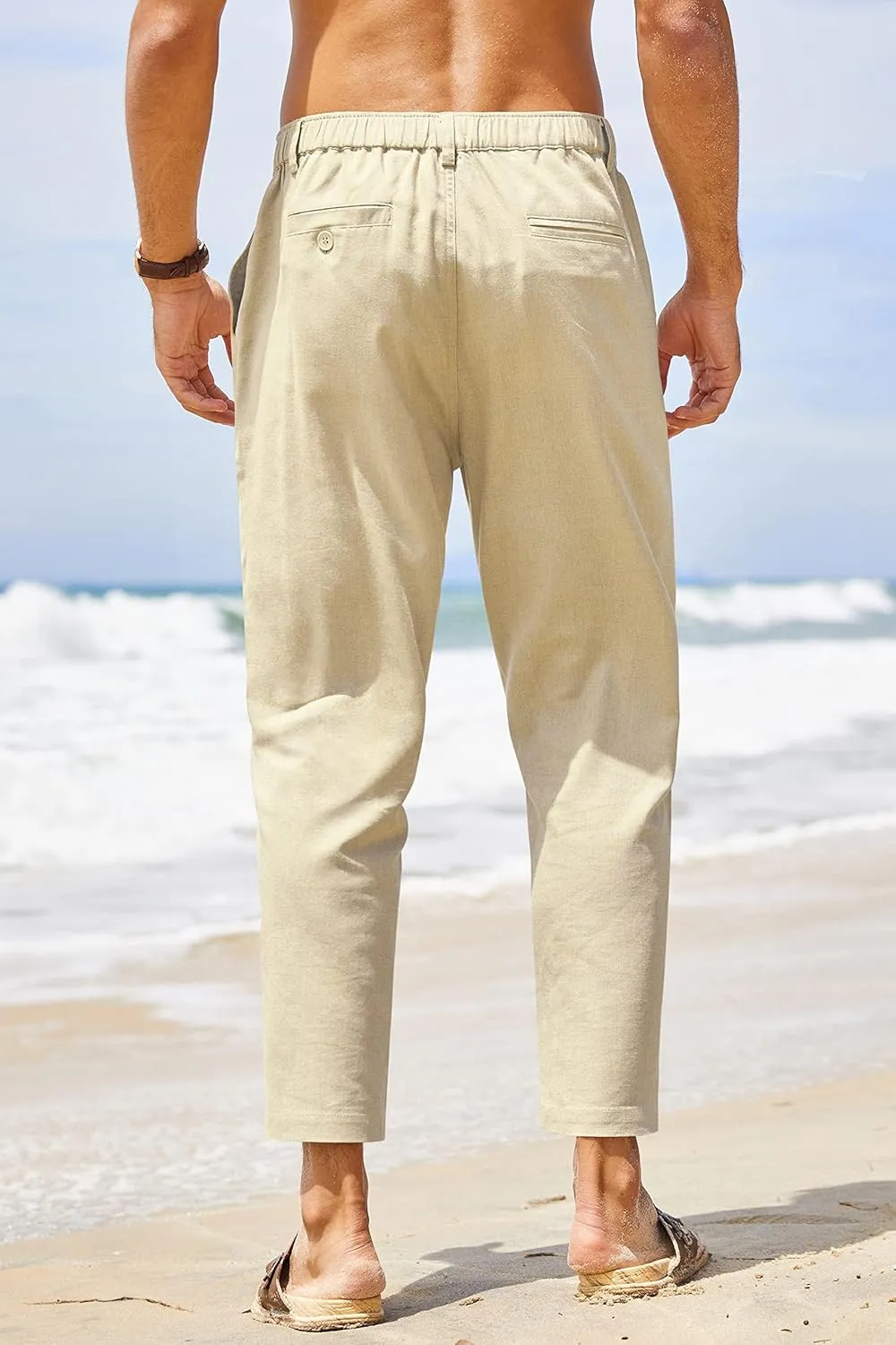 COOFANDY Men's Cotton Linen Pants Elastic Waist Lightweight Casual Pants Relaxed Fit Yoga Beach Pants with Pockets