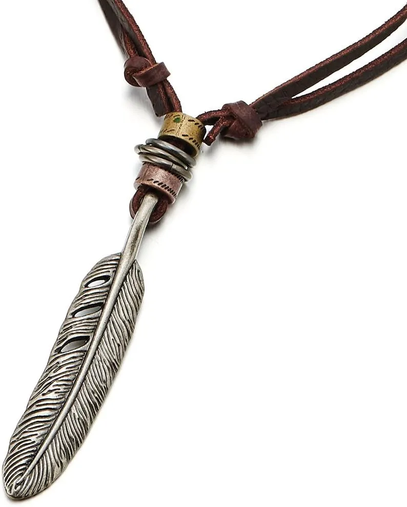 COOLSTEELANDBEYOND Retro Style Feather Pendant Unisex Necklace for Mens Womens with Adjustable Leather Cord