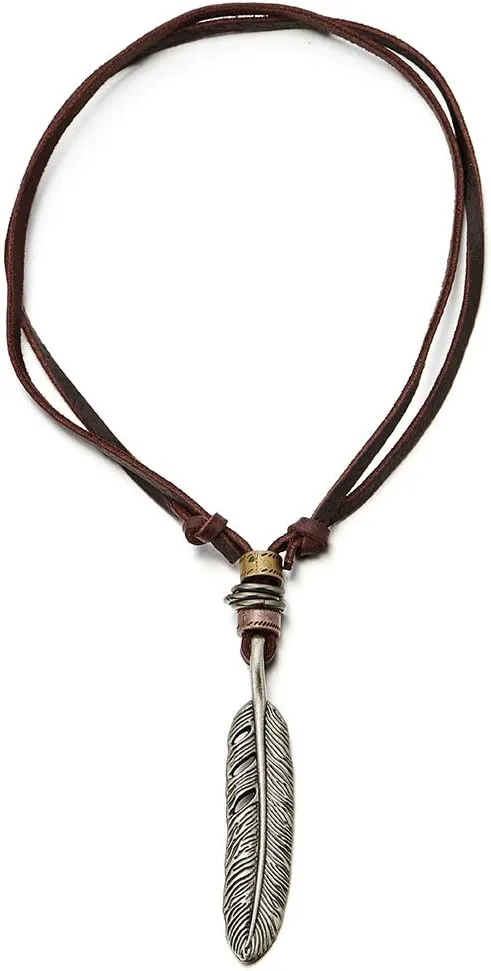 COOLSTEELANDBEYOND Retro Style Feather Pendant Unisex Necklace for Mens Womens with Adjustable Leather Cord