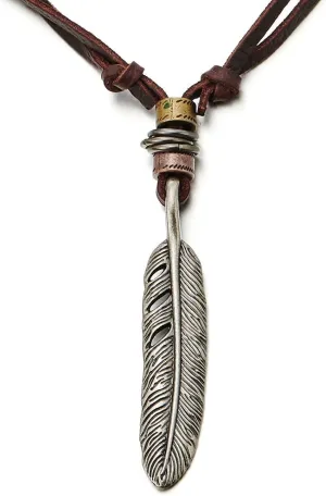 COOLSTEELANDBEYOND Retro Style Feather Pendant Unisex Necklace for Mens Womens with Adjustable Leather Cord