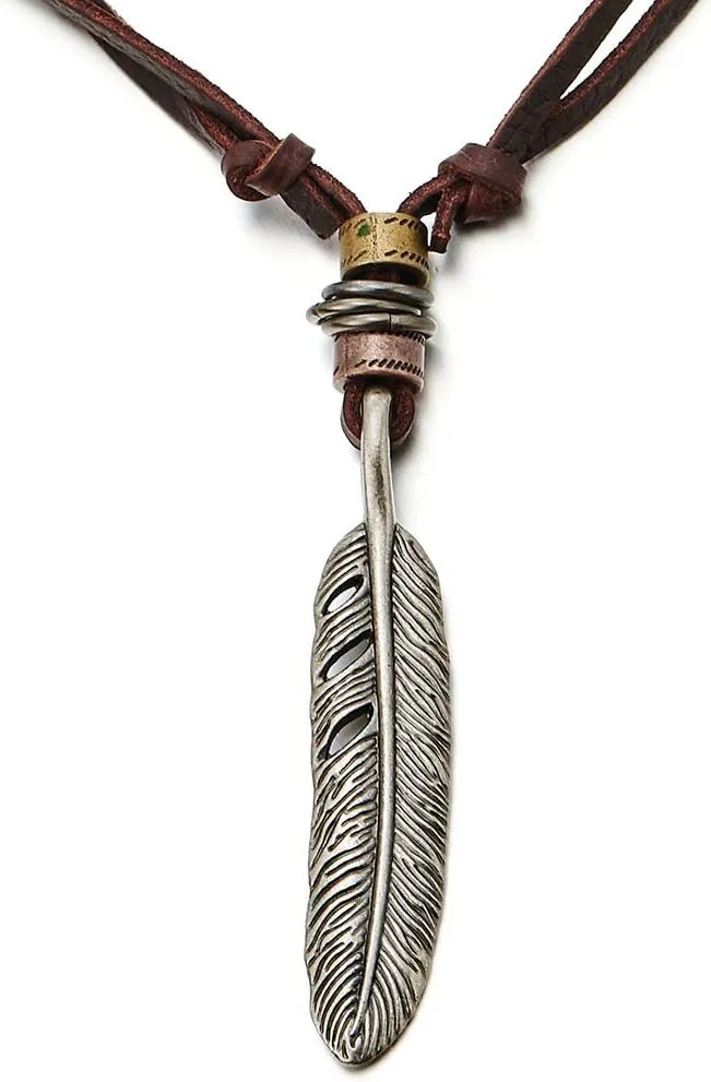COOLSTEELANDBEYOND Retro Style Feather Pendant Unisex Necklace for Mens Womens with Adjustable Leather Cord