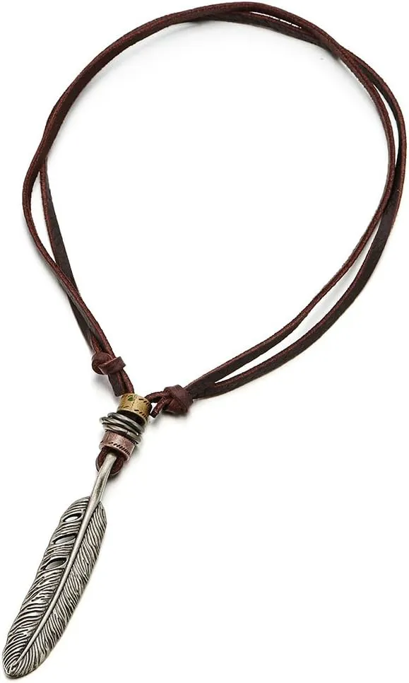 COOLSTEELANDBEYOND Retro Style Feather Pendant Unisex Necklace for Mens Womens with Adjustable Leather Cord
