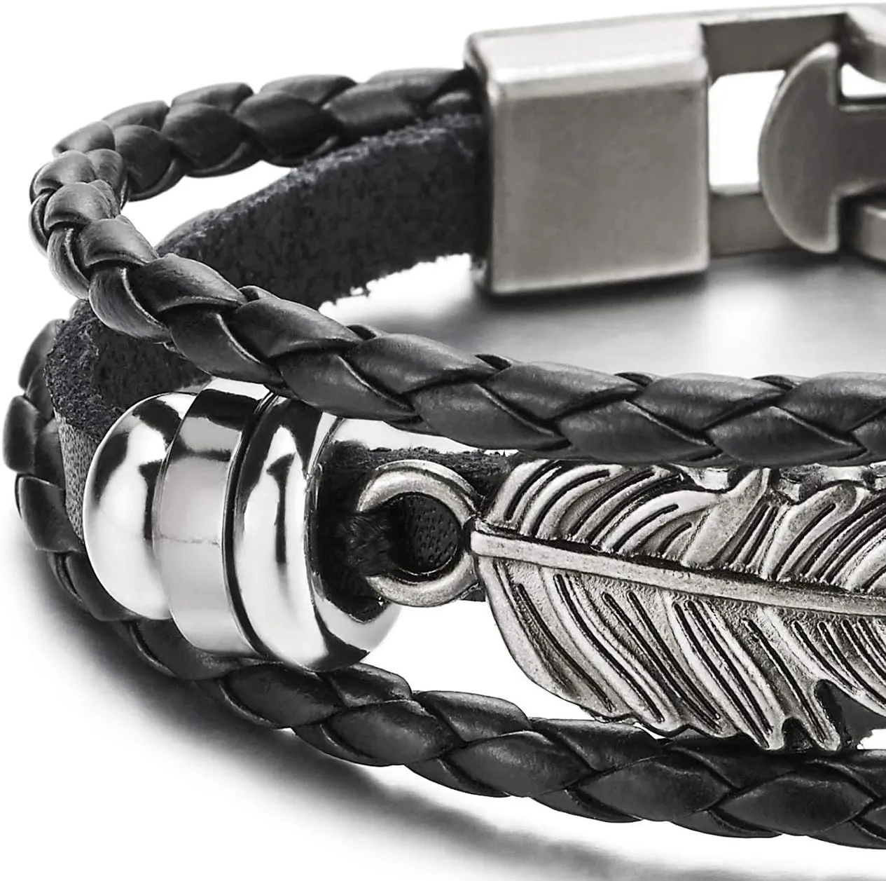 COOLSTEELANDBEYOND Vintage Feather Leaf Braided Leather Bracelet for Men Women, Three-Row Leather Wristband