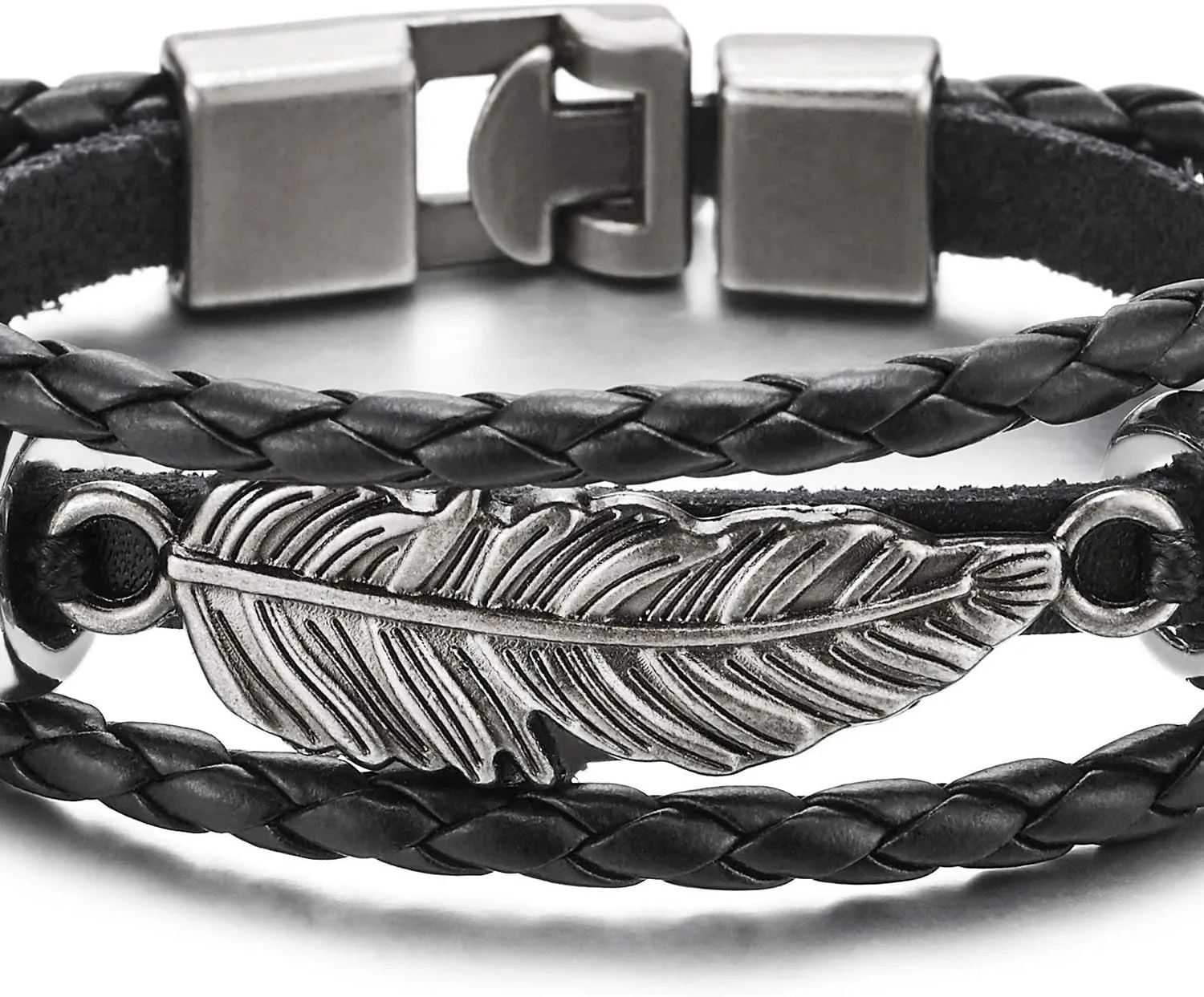 COOLSTEELANDBEYOND Vintage Feather Leaf Braided Leather Bracelet for Men Women, Three-Row Leather Wristband