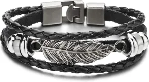 COOLSTEELANDBEYOND Vintage Feather Leaf Braided Leather Bracelet for Men Women, Three-Row Leather Wristband