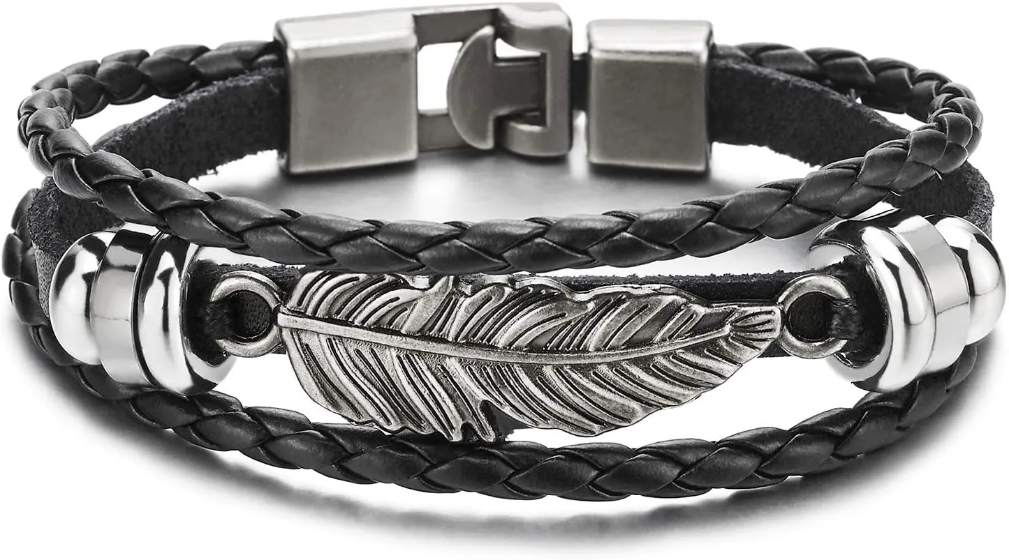 COOLSTEELANDBEYOND Vintage Feather Leaf Braided Leather Bracelet for Men Women, Three-Row Leather Wristband
