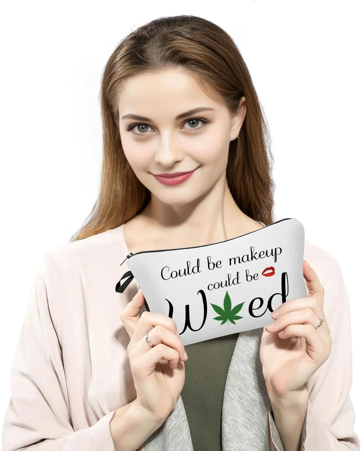 Could Be Makeup Could Be Weed Funny Makeup Bag Friend Gifts Funny Weed Leaf Cosmetic Bag Travel Accessories Organizer Bag Toiletry Case For Women Best Friends Sister Weed Gifts(White)