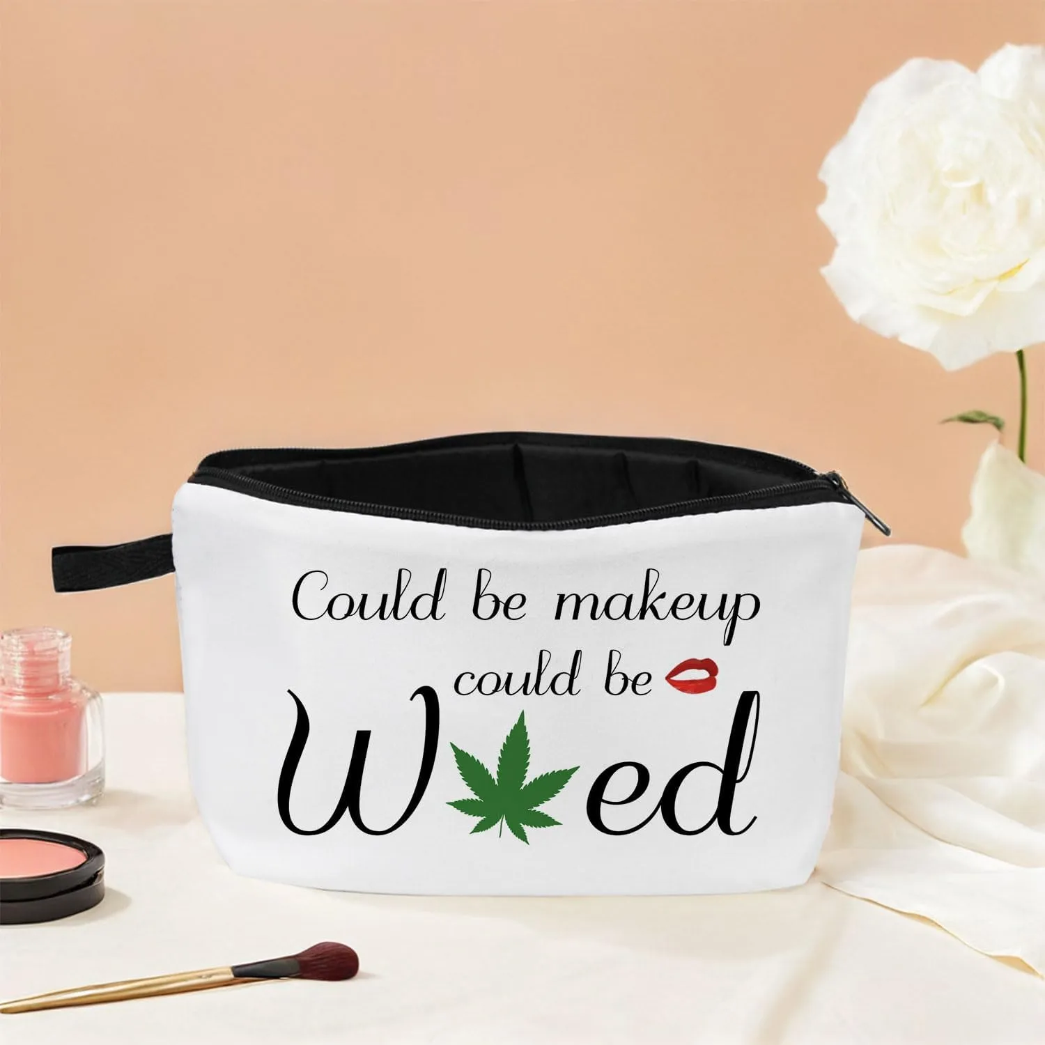 Could Be Makeup Could Be Weed Funny Makeup Bag Friend Gifts Funny Weed Leaf Cosmetic Bag Travel Accessories Organizer Bag Toiletry Case For Women Best Friends Sister Weed Gifts(White)