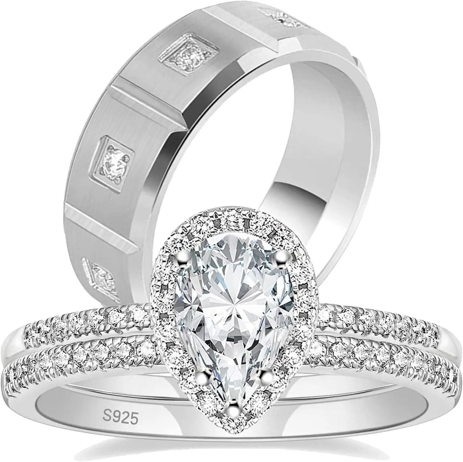 Couple Rings White Gold Plated 925 Sterling Silver Ring Pear 1.5CT AAAAA CZ Women Wedding Ring Sets Men Titanium Steel Ring