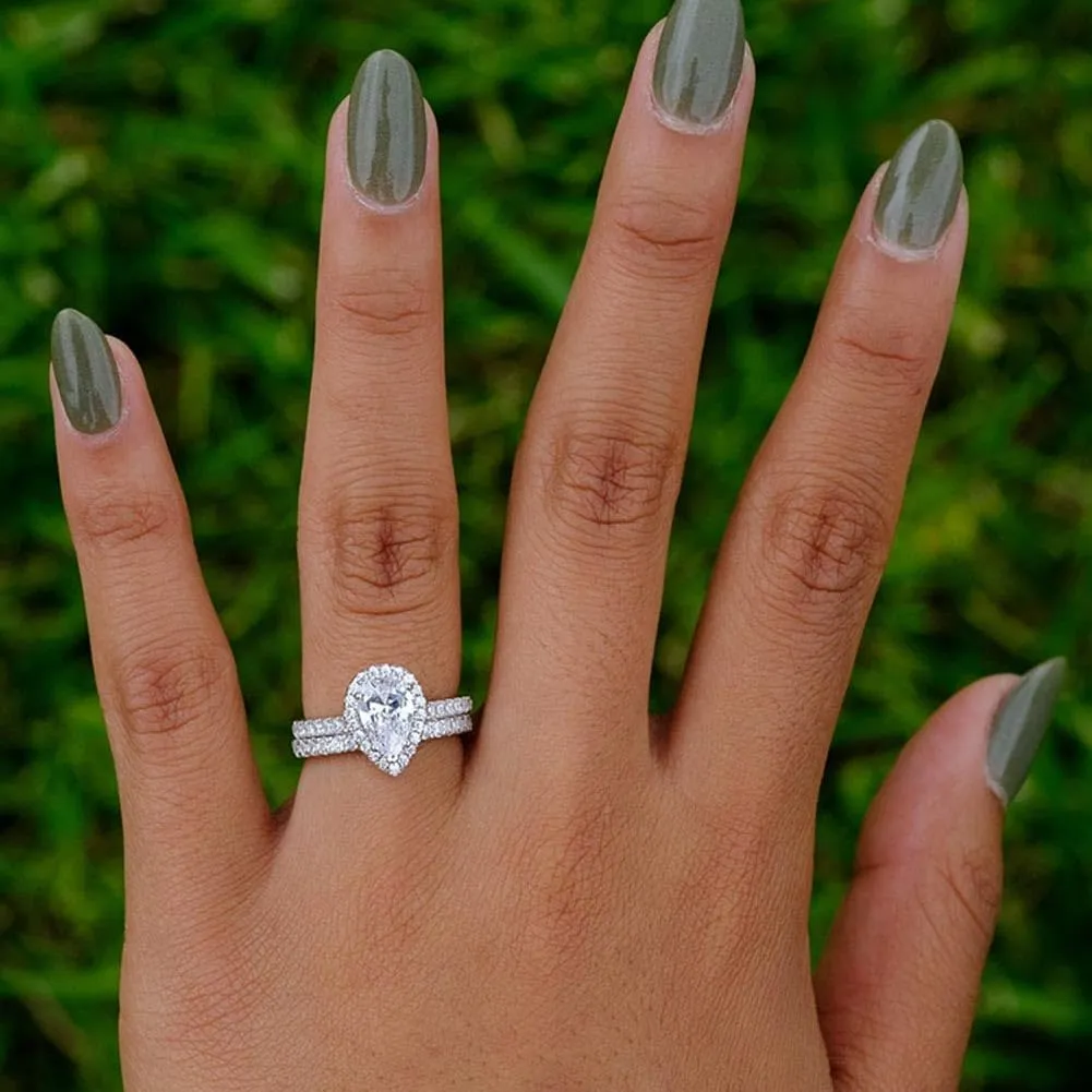 Couple Rings White Gold Plated 925 Sterling Silver Ring Pear 1.5CT AAAAA CZ Women Wedding Ring Sets Men Titanium Steel Ring