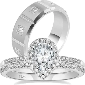 Couple Rings White Gold Plated 925 Sterling Silver Ring Pear 1.5CT AAAAA CZ Women Wedding Ring Sets Men Titanium Steel Ring