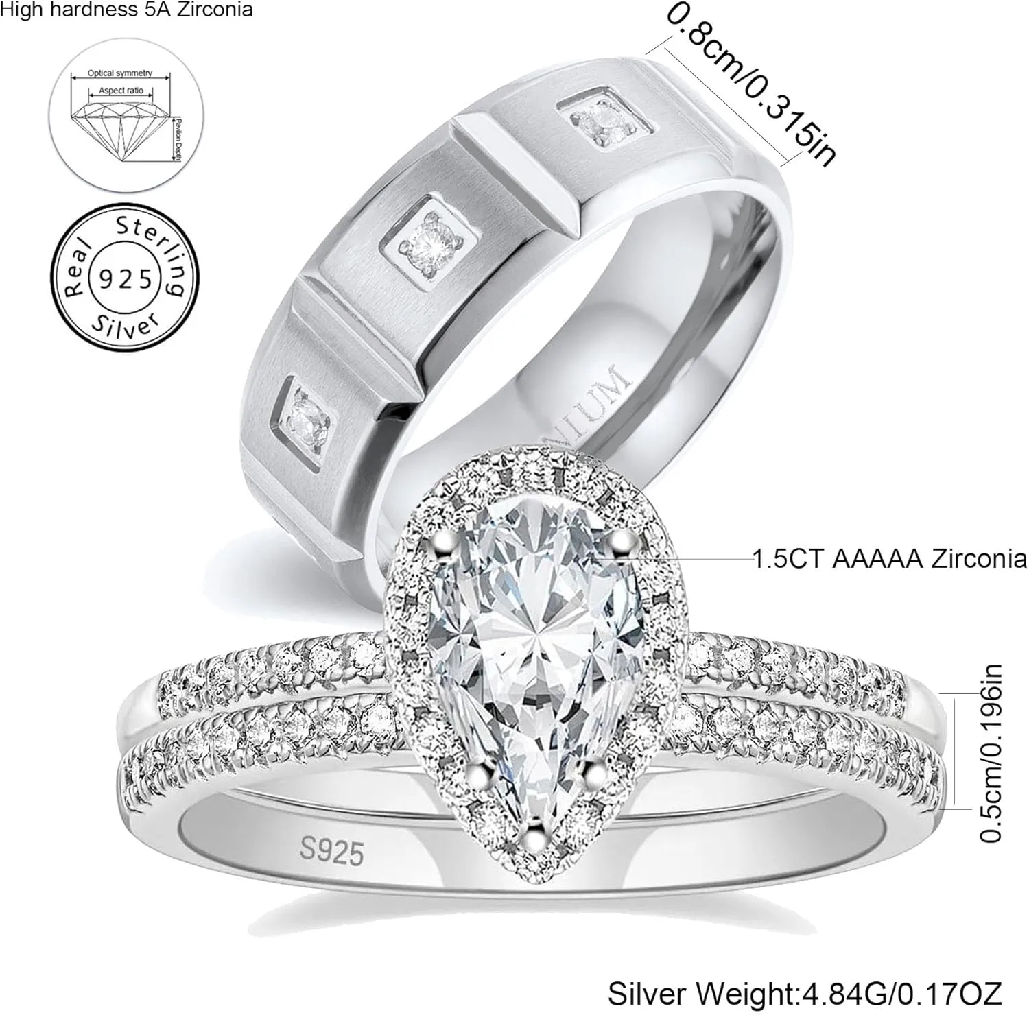 Couple Rings White Gold Plated 925 Sterling Silver Ring Pear 1.5CT AAAAA CZ Women Wedding Ring Sets Men Titanium Steel Ring