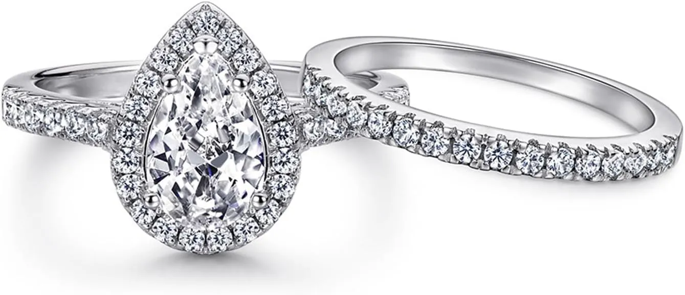Couple Rings White Gold Plated 925 Sterling Silver Ring Pear 1.5CT AAAAA CZ Women Wedding Ring Sets Men Titanium Steel Ring