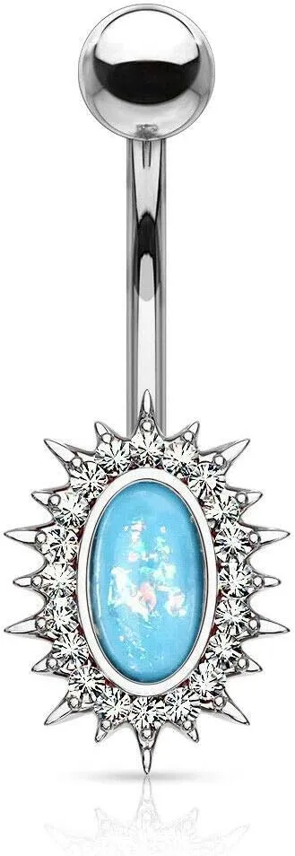 Covet Jewelry Crystal Paved Sunburst with Opal Glitter Center 316L Surgical Steel Belly Button Navel Ring