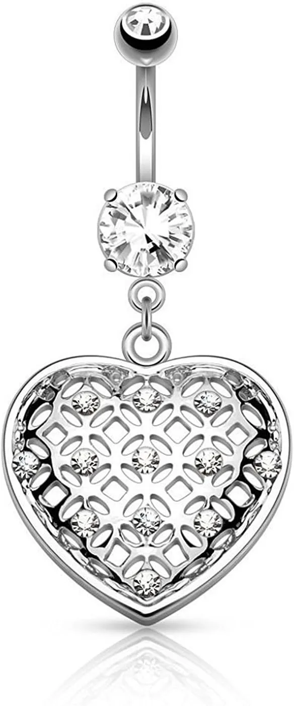 Covet Jewelry Crystal Set Tribal Net Heart Dangle 316L Surgical Steel Belly Button Navel Rings