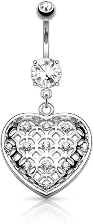 Covet Jewelry Crystal Set Tribal Net Heart Dangle 316L Surgical Steel Belly Button Navel Rings