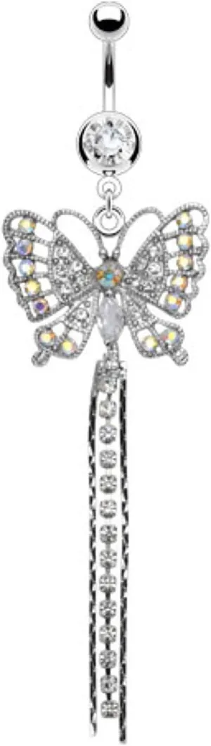 Covet Jewelry CZ Paved Butterfly with Crystal Set Chain Drop Dangle 316L Surgical Steel Belly Rings