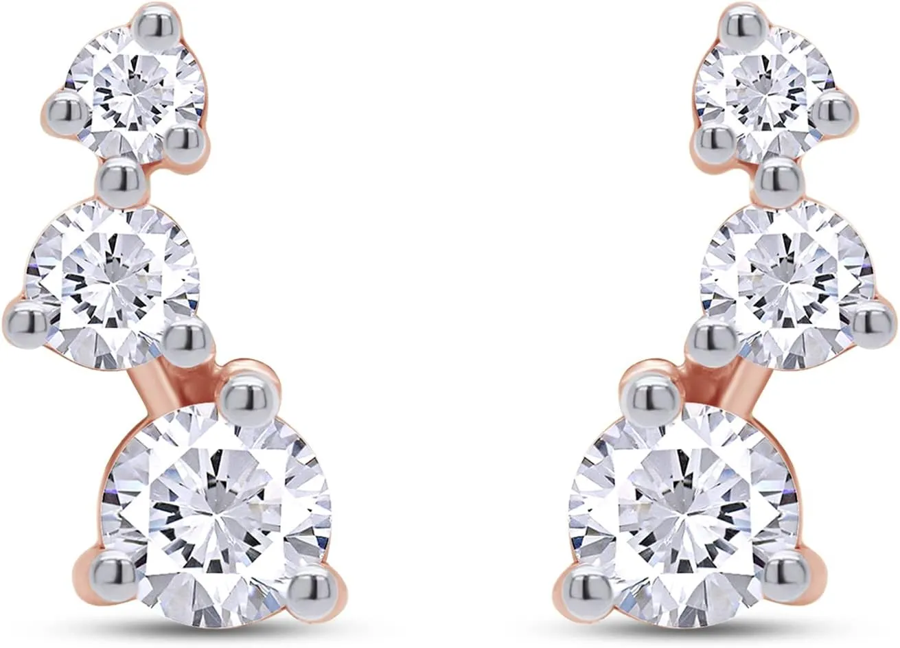 Crawler Stud Earrings, D-E Color Lab Created Moissanite & Lab Grown Diamond, 18K Gold Plated 925 Sterling Silver, Hypoallergenic, Jewelry Box Packed, Gift For Her