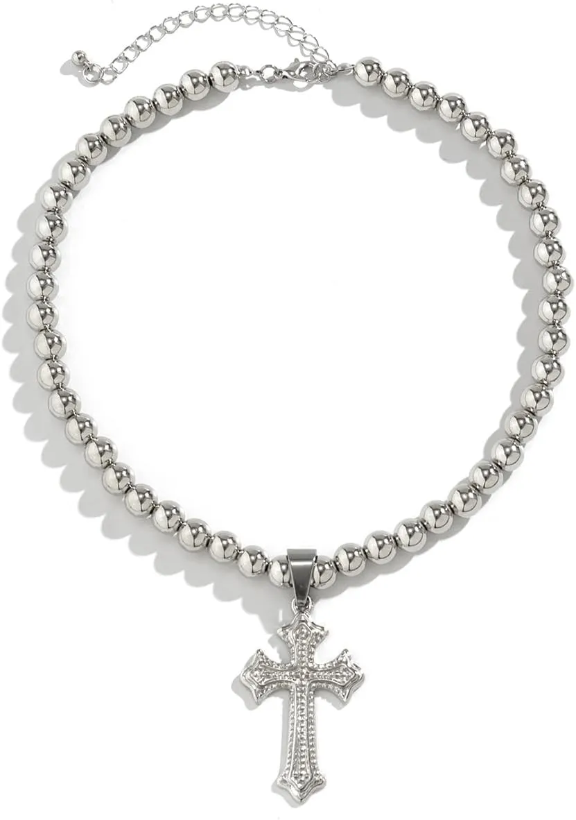 Cross Necklace for Men Cross Beaded Necklace Gothic Silvery Retro Carved Christian Religious Necklace Cross Jewelry Gifts for Women Birthday