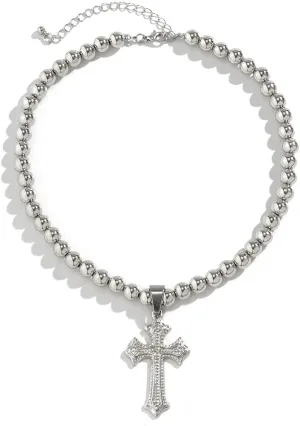 Cross Necklace for Men Cross Beaded Necklace Gothic Silvery Retro Carved Christian Religious Necklace Cross Jewelry Gifts for Women Birthday