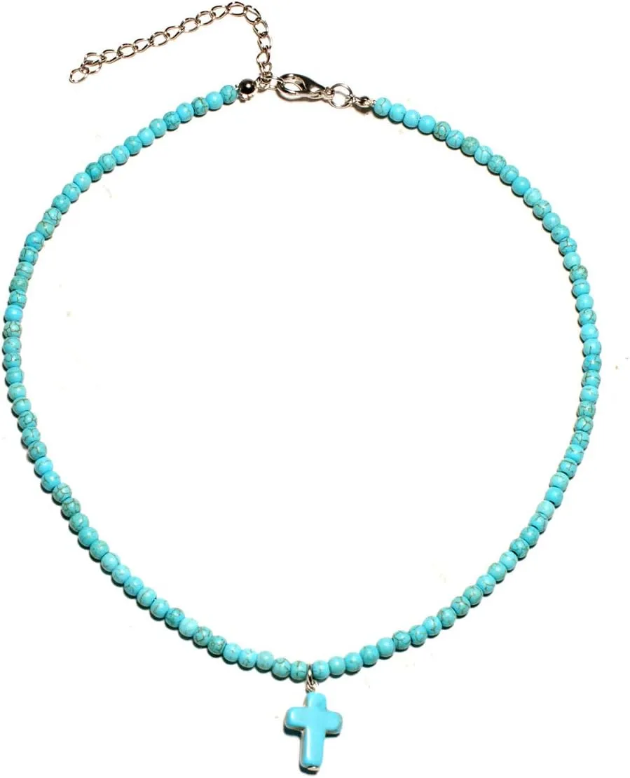 Cross Necklace Pendant Bohemian Turquoise Seed Blue Beaded Necklace Choker for Women Men Faith Jewelry Gift