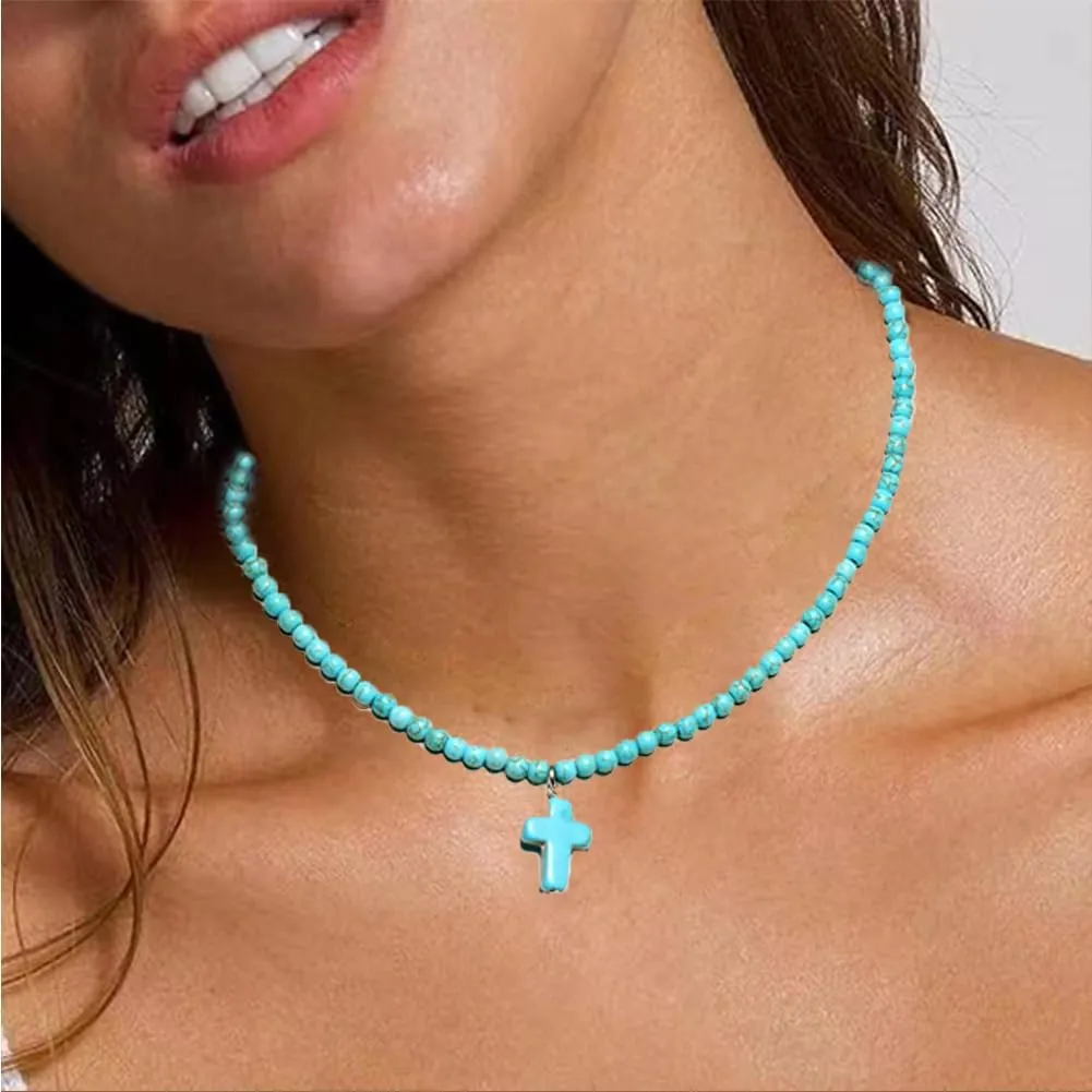 Cross Necklace Pendant Bohemian Turquoise Seed Blue Beaded Necklace Choker for Women Men Faith Jewelry Gift