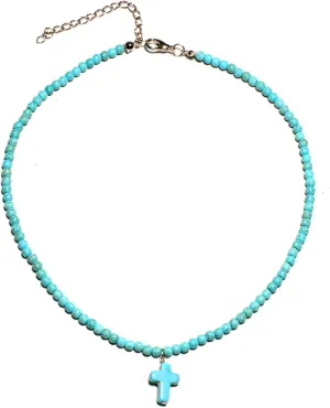 Cross Necklace Pendant Bohemian Turquoise Seed Blue Beaded Necklace Choker for Women Men Faith Jewelry Gift