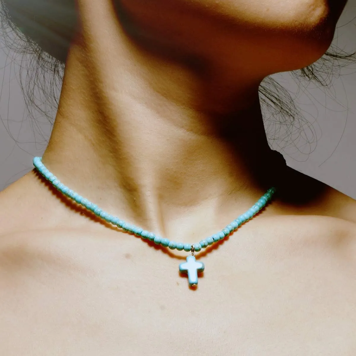 Cross Necklace Pendant Bohemian Turquoise Seed Blue Beaded Necklace Choker for Women Men Faith Jewelry Gift