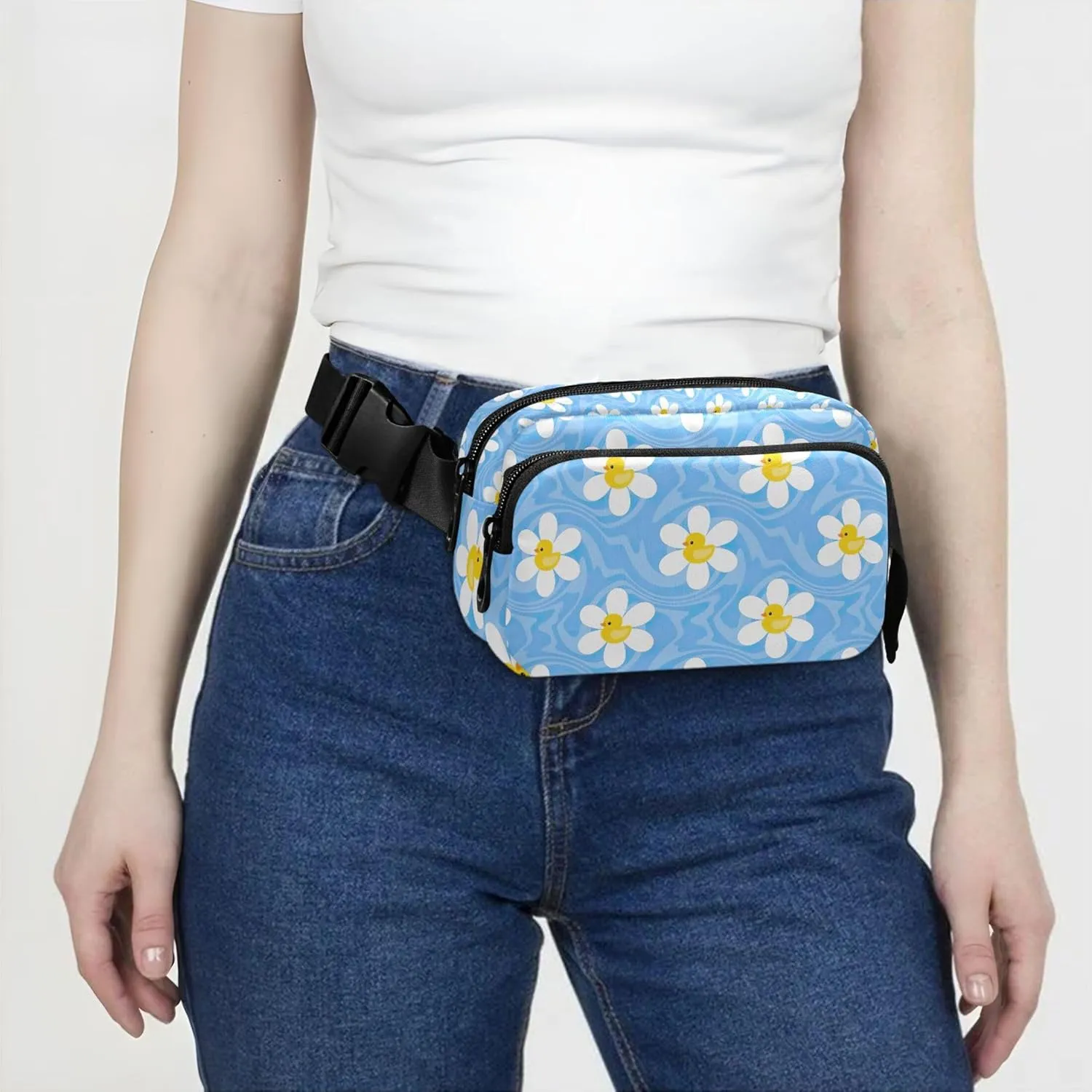 Custom Chamomile Flowers Duck Blue Fanny Pack for Women Waterproof Belt Bag Hip Pack Cute Waist Pouches for Men