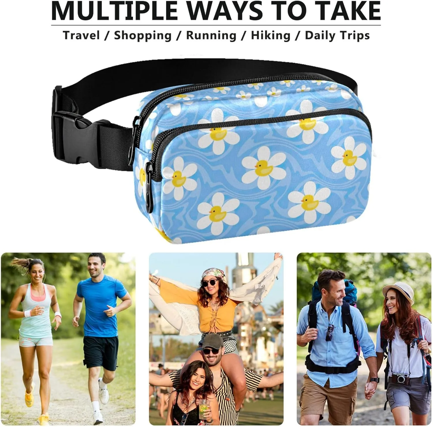 Custom Chamomile Flowers Duck Blue Fanny Pack for Women Waterproof Belt Bag Hip Pack Cute Waist Pouches for Men