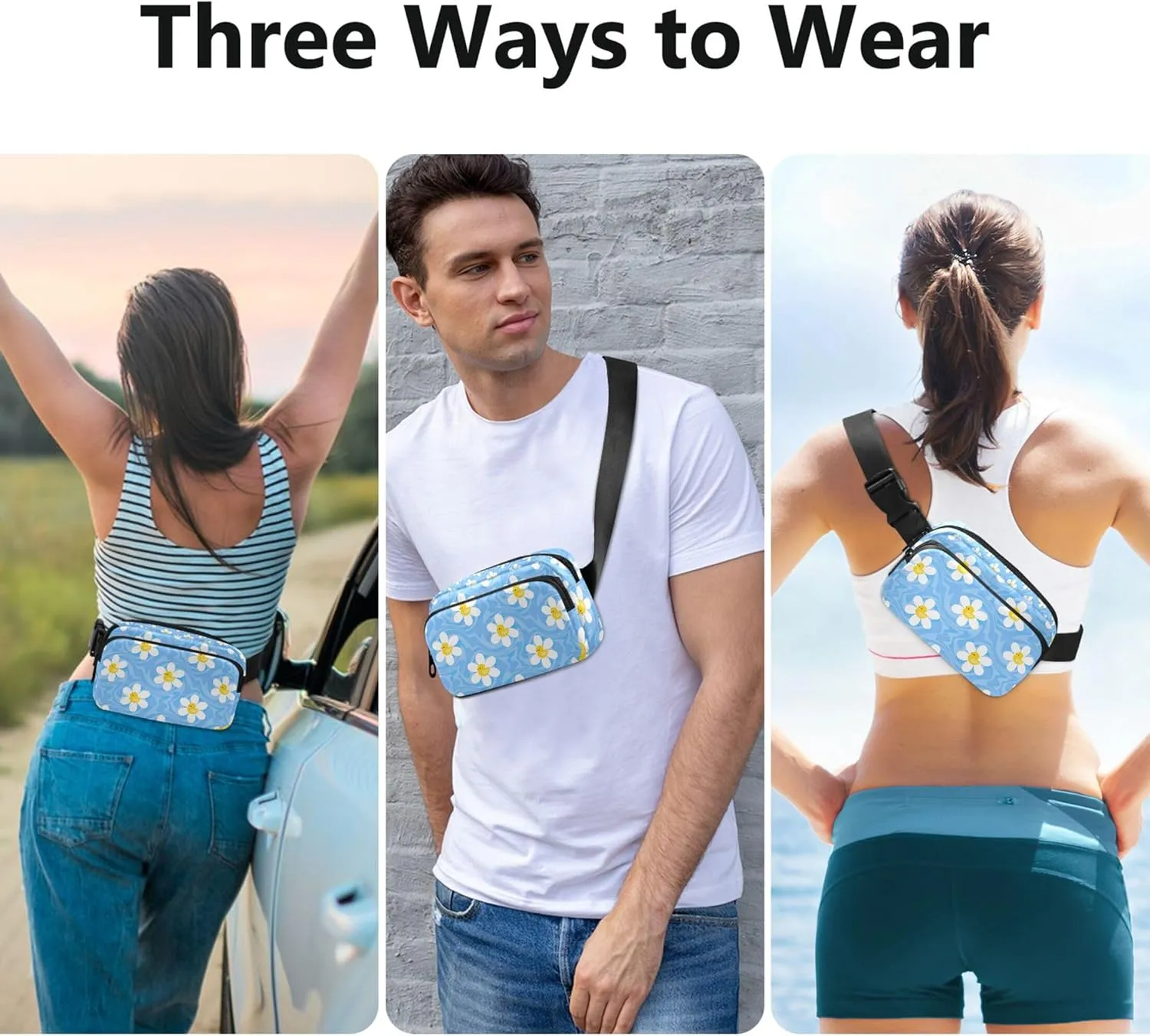 Custom Chamomile Flowers Duck Blue Fanny Pack for Women Waterproof Belt Bag Hip Pack Cute Waist Pouches for Men