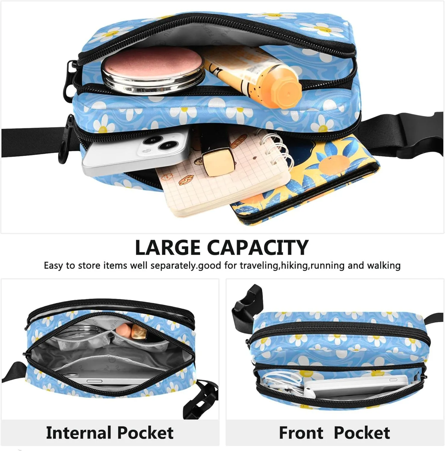 Custom Chamomile Flowers Duck Blue Fanny Pack for Women Waterproof Belt Bag Hip Pack Cute Waist Pouches for Men